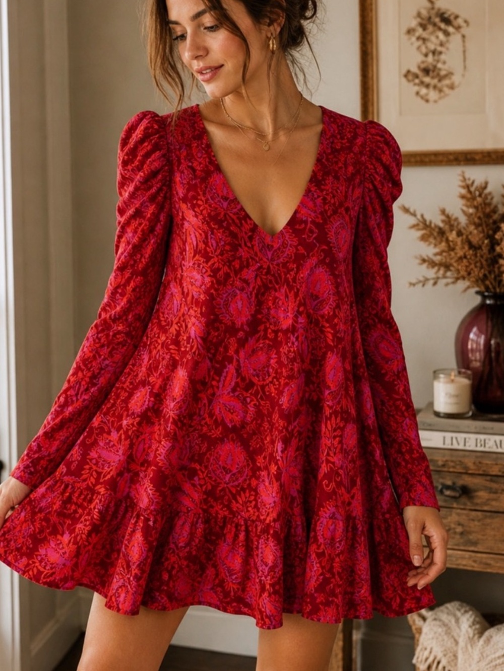 Free People Red & Pink Floral V-Neck Long Sleeve Mini Dress